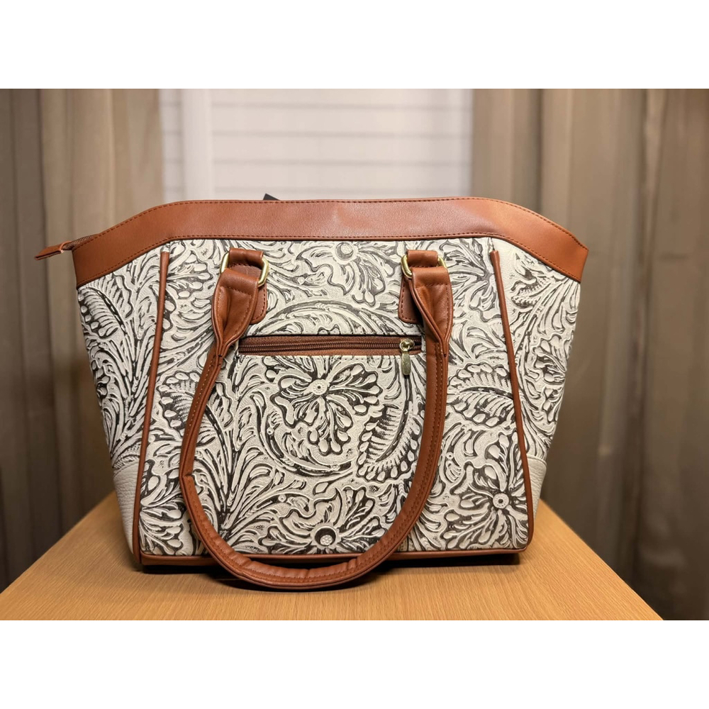 Cappuccino Brown Cross Stitch Embossed Tooled Artisan LEATHER Shoulder Bag Purse - Picture 7 of 16